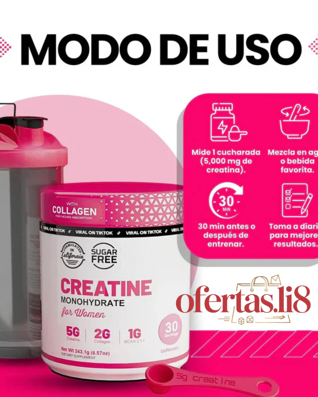 CREATINA CON MONOHIDRATO PARA MUJER - TONIFICA TU CUERPO SIN INFLARTE